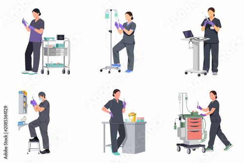 Set of flat vector illustrations featuring medical professionals in scrubs performing various hospital tasks, including preparing injections, handling IV bags, and using medical carts.