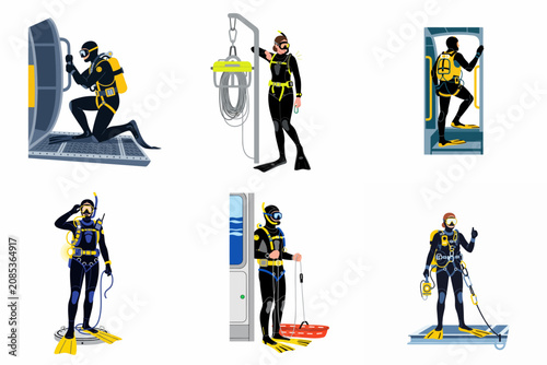 Fotografie Collection of professional scuba and commercial divers in full gear preparing for underwater operations and industrial deep-sea exploration on a white background