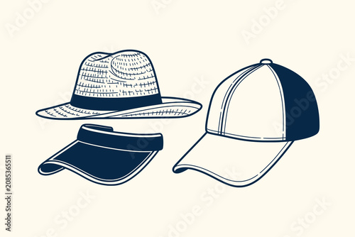 Foto Hand drawn collection of summer hats including baseball cap straw fedora and sun