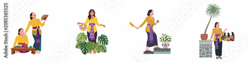 Set of illustrations depicting Indonesian women in traditional yellow kebaya and batik sarongs, celebrating culture through tea, food, and social gatherings.