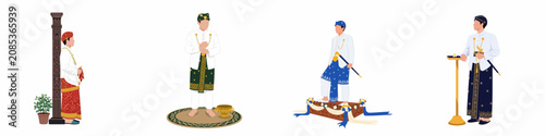 Obraz na plátně Illustrations of Men in Traditional Javanese Attire Featuring Batik Blangkon and Keris for Cultural Wedding Ceremonies