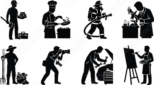 Set of black silhouettes representing diverse professions including construction chef firefighter scientist farmer mechanic and artist