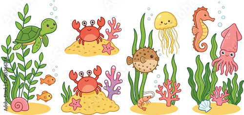 Photography Cute Cartoon Underwater Sea Creatures Vector Set