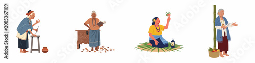 Quadro su tela Vector illustration set featuring diverse elderly women in traditional ethnic clothing, showcasing cultural heritage, wisdom, and daily activities on a white background