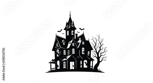 Konstfotografi Haunted house silhouette against a white background gothic style illustration