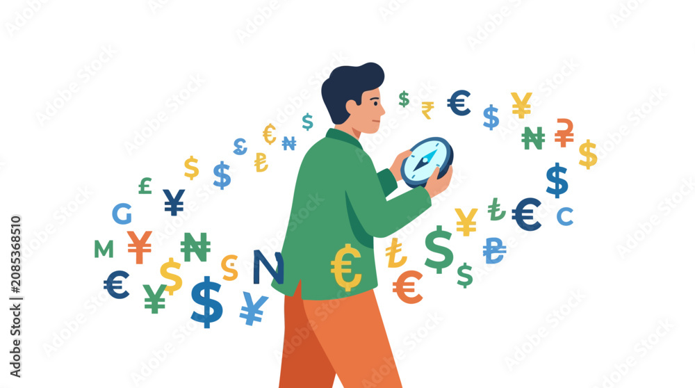 Fototapeta premium Businessman navigating global currency markets with a compass for investment strategy flat design vector illustration.
