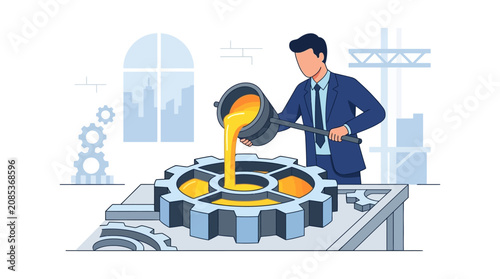 Businessman pouring molten gold into giant gear for financial system optimization flat design vector illustration.
