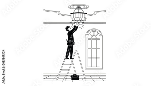 Electrician on a stepladder installs or repairs a decorative ceiling light fixture in a spacious room with a window.