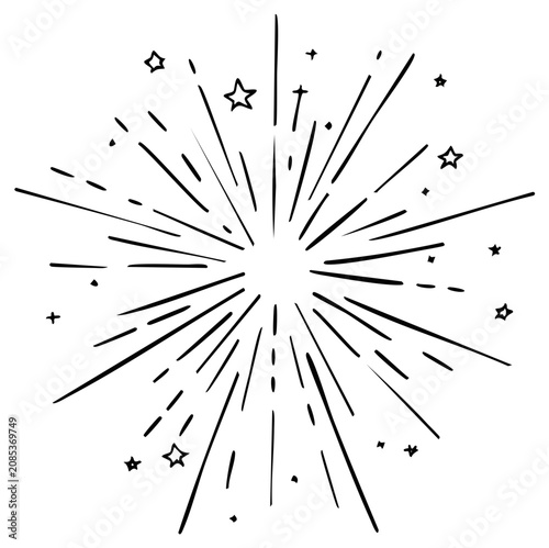 Hand Drawn Sunburst with Stars and Light Rays Exploding Design Elements, Celebration Blast Radiating Lines Pattern