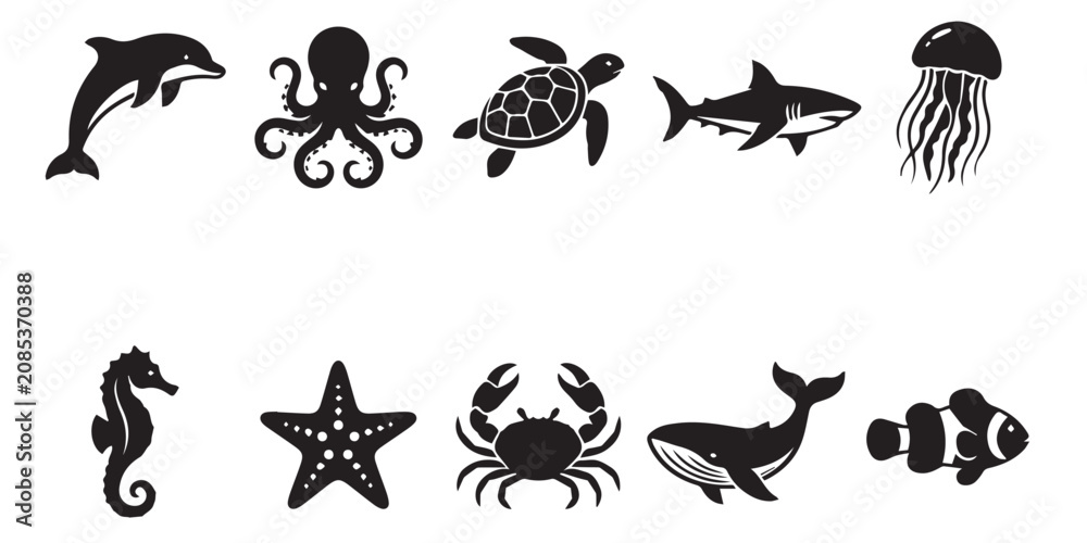 Fototapeta premium Black Sea Creatures Icon Set, Ocean Animals Illustration. A collection of black silhouette icons featuring various sea creatures on a white background.