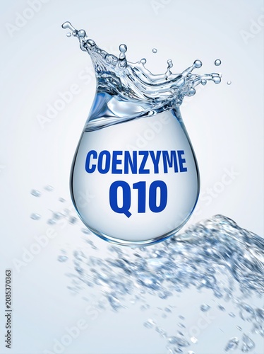 Abstract liquid splash with coenzyme q10 molecule in studio