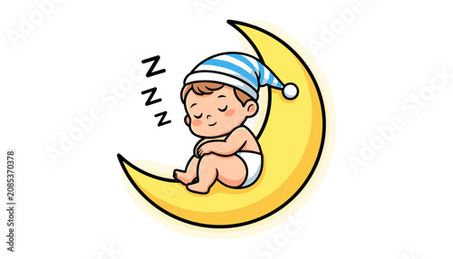 Slika na platnu Sleeping Baby Girl with Pink Bow, Cartoon Style