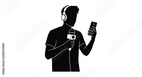 Tableau sur toile Reporter with microphone and smartphone black silhouette