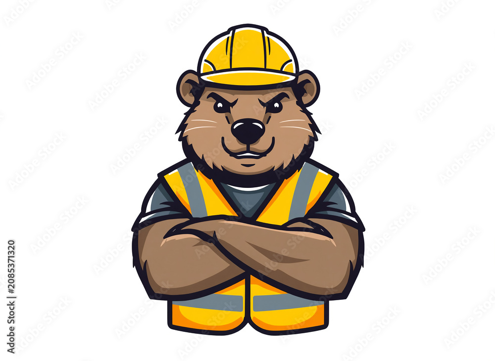 Fototapeta premium Construction Beaver Mascot Character Wearing Safety Helmet and Reflective Vest Vector Illustration