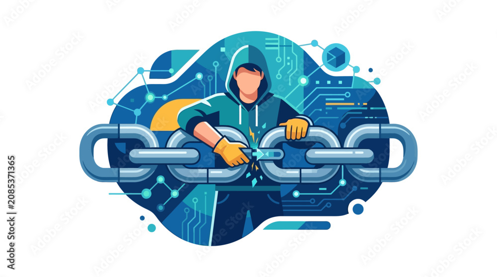Fototapeta premium Professional developer in hoodie linking blockchain segments for cryptocurrency network security flat design vector illustration.