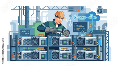 Professional engineer maintaining cryptocurrency mining farm hardware in a modern data center flat design vector illustration.