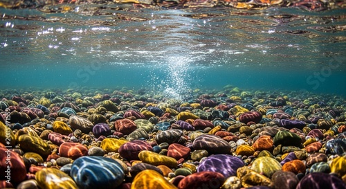 Underwater vibrant coral reef teeming with colorful marine life and bubbles rising