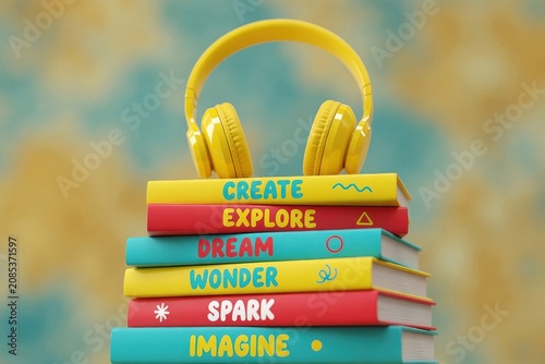 Bright Stack of Inspirational Books With Yellow Headphones Representing Creativity, Learning, and Imagination