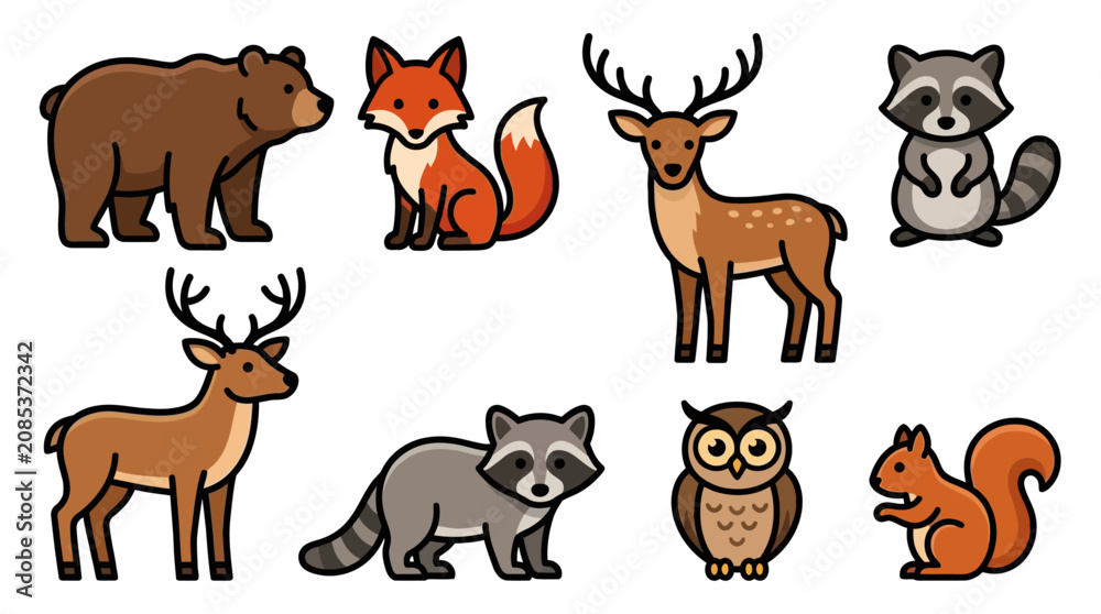 Fototapeta premium Collection of Various Forest Animals Including Bear Fox Deer Owl Raccoon Squirrel and Raccoon.