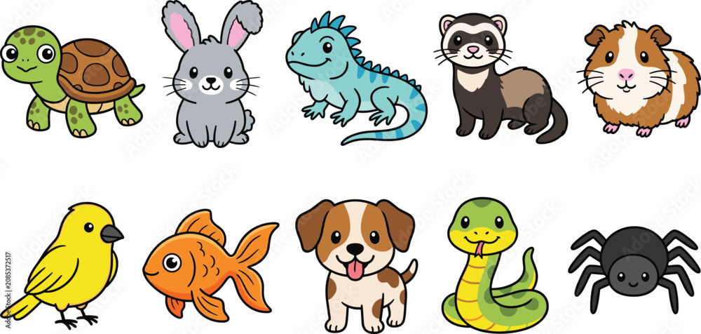 Fototapeta premium Pet collection featuring a cute puppy turtle bunny iguana lizard ferret guinea pig canary bird goldfish snake and spider for veterinary branding