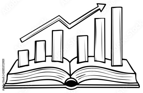 Book with growing graph and arrow outline illustration showing upward trend in sales and data progress for education and business growth