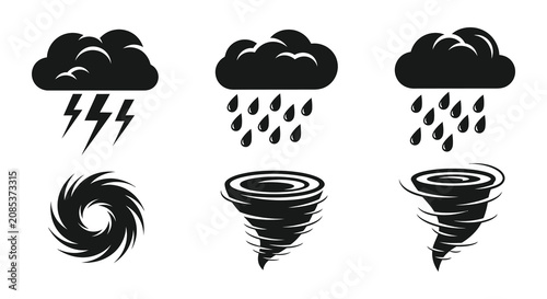 Fotografie Weather phenomena silhouettes including storm rain and tornado imagery silhouett