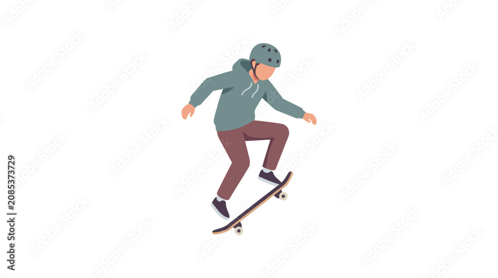 Naklejka premium Active teenage boy performing skateboard jump trick in mid-air with safety helmet flat vector illustration.