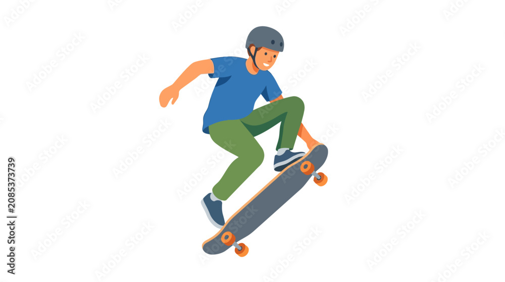 Fototapeta premium Active young skater performing an aerial jump trick on a skateboard extreme sport flat design vector illustration.