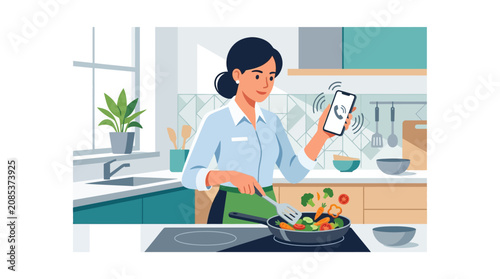 Busy professional woman multitasking by cooking healthy food while answering a phone call flat vector illustration.