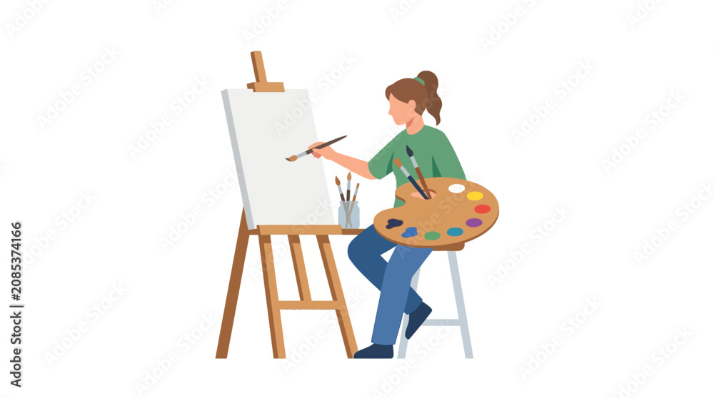 Fototapeta premium Creative female artist painting on white canvas with wooden easel and color palette flat design vector illustration