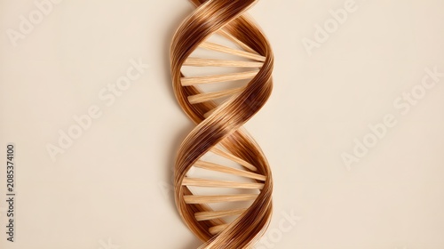 Blonde hair strands form a creative DNA helix structure. Shiny hair health and genetic strength concepts. Abstract silk texture, beauty research and keratin repair.