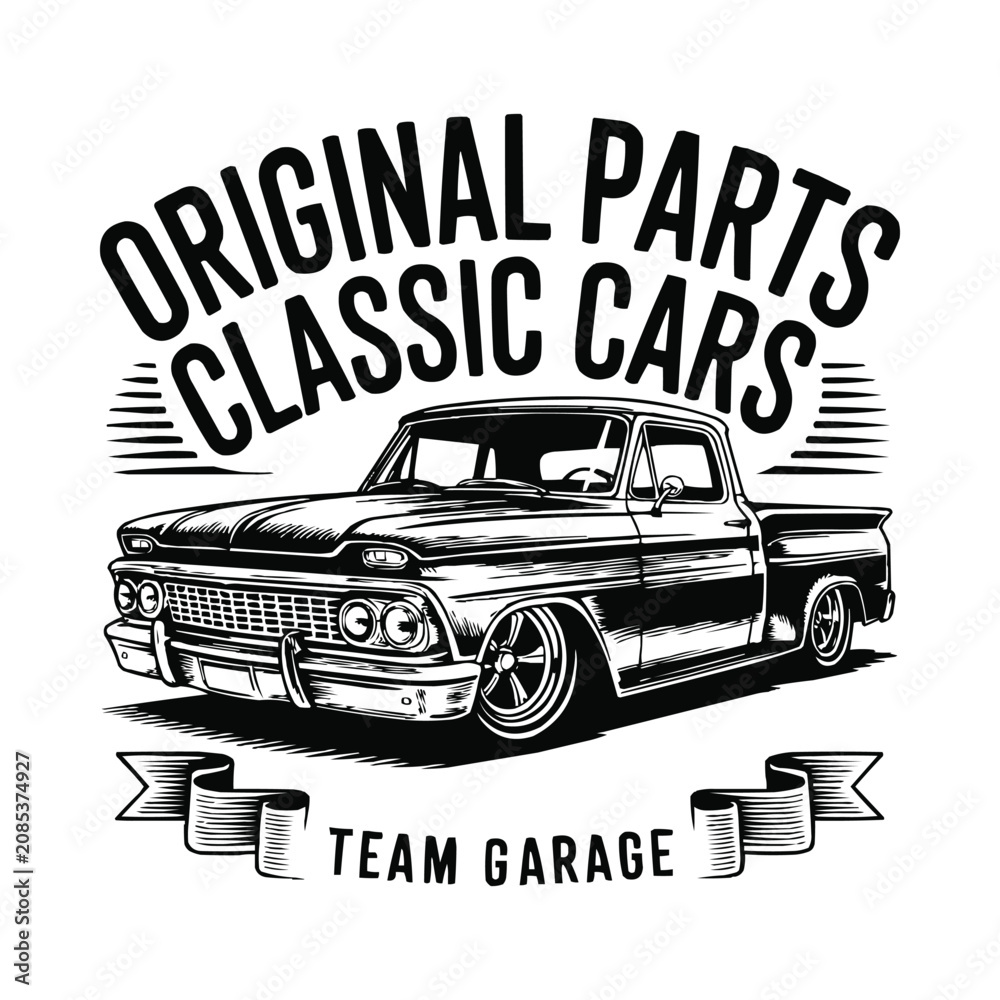 Obraz premium Black and white illustration of a classic vintage pickup truck