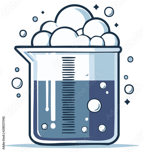 Science experiment beaker overflowing with blue liquid and white foam bubbles