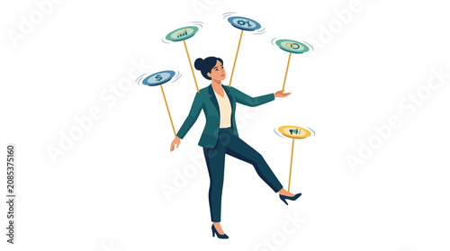 Business woman balancing multiple spinning plates with corporate icons depicting multitasking flat design vector illustration