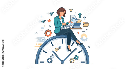 Businesswoman managing work tasks and deadlines while sitting on giant clock face flat vector illustration.