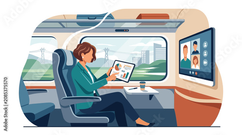Businesswoman presenting marketing reports during video conference call on a moving train flat design vector illustration