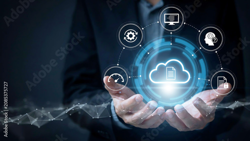 Digital Future Ecosystem Professional hands present cloud computing, data management, and interconnected technology for business innovation and growth