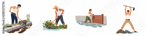 Illustrations of agricultural workers performing manual labor tasks such as clearing drainage ditches, raking aquatic plants, managing sluice gates, and tilling the soil.