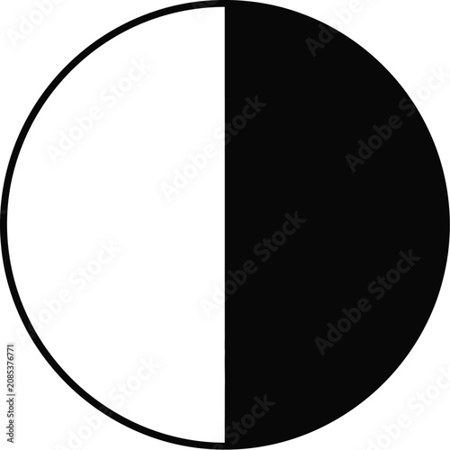 A minimalist circular shape divided perfectly into two equal halves with bold black and white colors