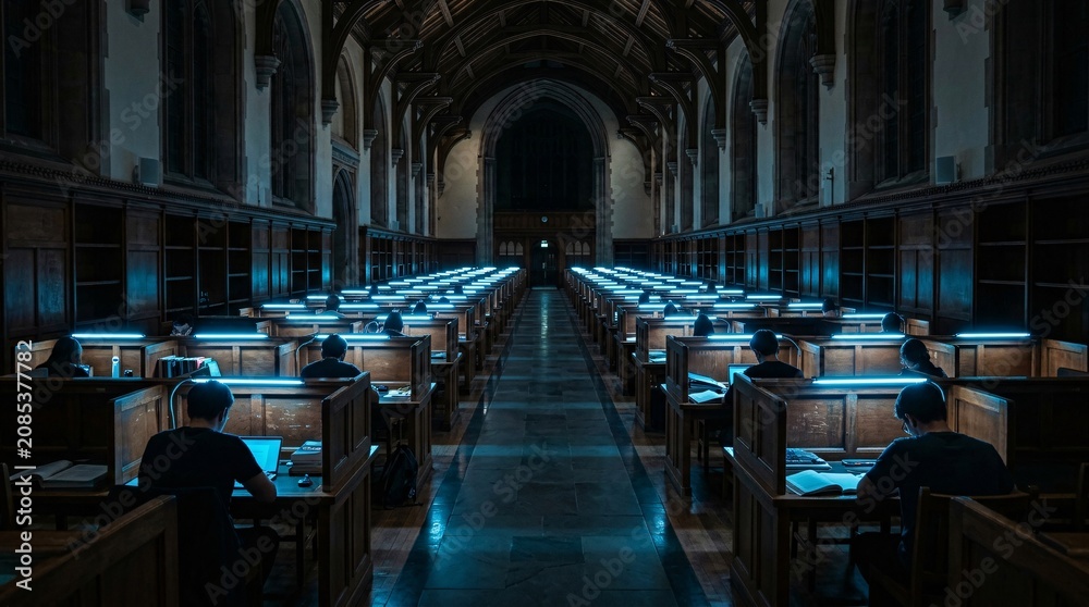 Fototapeta premium Quiet university study hall features endless wooden carrels illuminated by futuristic neon blue desk lamps, creating a moody atmosphere.