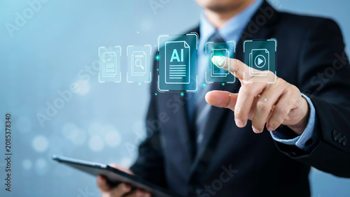 Businessman in a dark suit interacting with virtual AI screen and holographic icons while holding a digital tablet