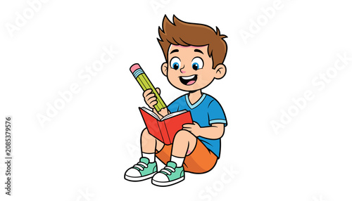 Photos Smiling boy sitting with giant pencil and book