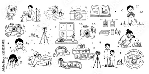 Foto 写真の日を楽しむカメラと人物の手描きイラストセット／Photography Day, Camera, Photographer, Hand Drawn Illu