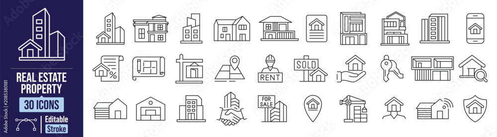 Fototapeta premium Real Estate Property Web Icon Set in Line Style. Collection of Property, House, Villa, Apartment, Commercial Building, Open House, Key, Rent, Sold and More. Fully Editable Stroke. Vector Illustration.