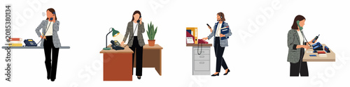 Flat vector illustration set showing a professional businesswoman multitasking and managing several phone calls at an office desk.