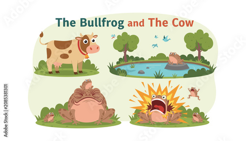 Canvas Print Cartoon illustration of bullfrog and cow in nature scenes