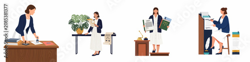 Obraz na płótnie Professional female lawyer and notary public character set performing various legal duties including stamping documents, signing deeds, and conducting legal research