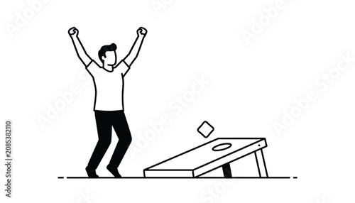 Man celebrating victory after successfully tossing a bean bag into the hole of a cornhole board in an outline illustration style.