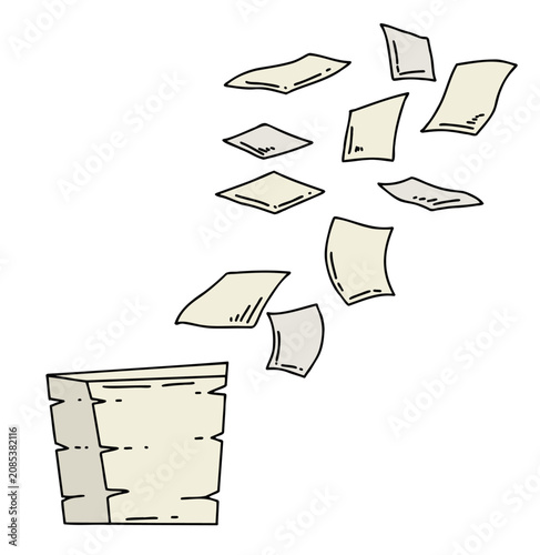 Flying papers with stack, hand drawn scattered document pages and paper pile outline. Office paperwork collection, blank note papers isolated on white.
