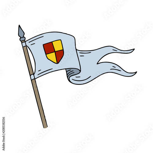 Medieval flag with red and yellow shield emblem, colorful banner on wooden pole. Cartoon style heraldry symbol waving in wind, isolated graphic.